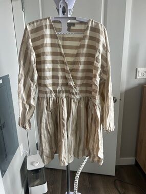 Striped Long-Sleeve Wrap Dress - Beige